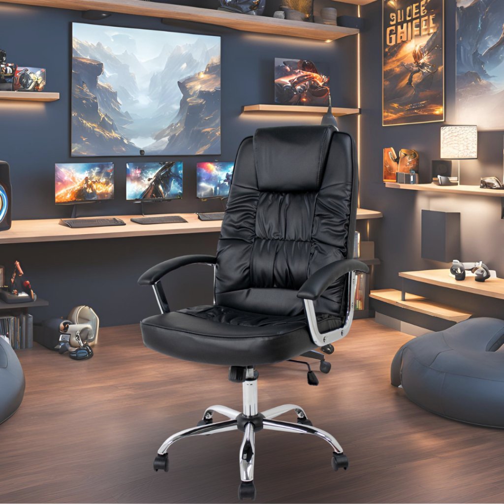 Cadeira Gamer Super Confort Ergonômica Luxo Vix Giratória base Cromada Reclinável Relax Couro Sintético